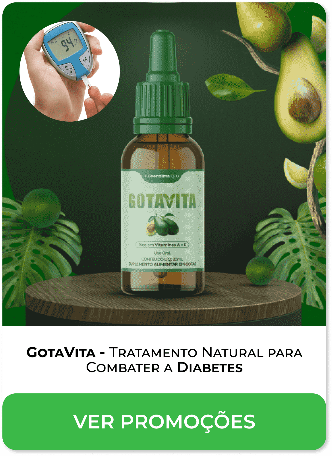 Frasco de GotaVita, suplemento natural para controle da glicemia, colesterol e hipertensão.